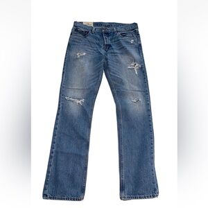 Preowned Mens Hollister Slim Straight Destroyed Jeans in Blue Mid Wash 33 X 32